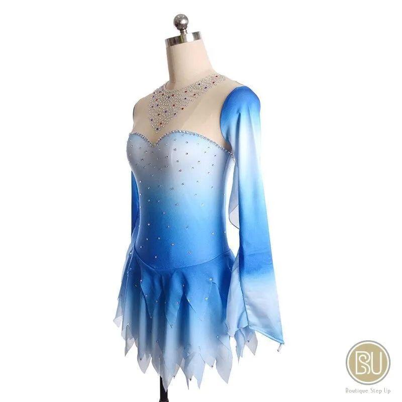 Figure Skating Dress Light Blue Ombre Long Sleeves