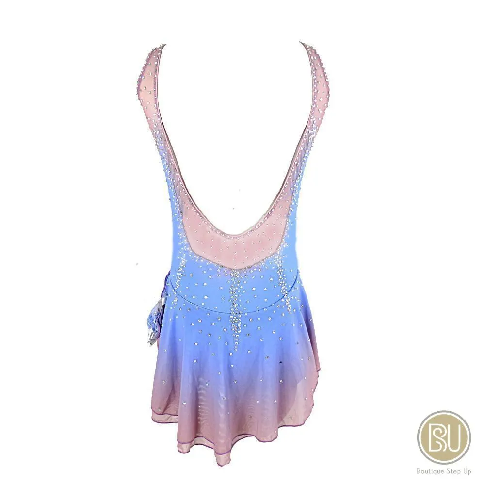 Figure Skating Dress Light Blue Ombre Skin Tone Color with Rhinestone BSU30322