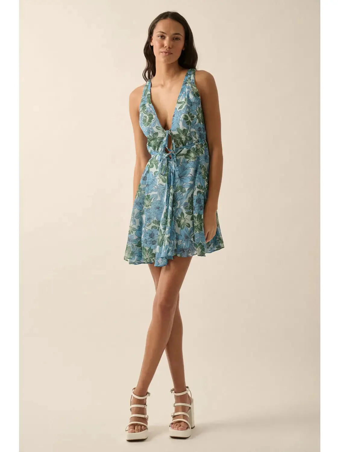 Garden Getaway V-Neck Mini Dress Blue Multi