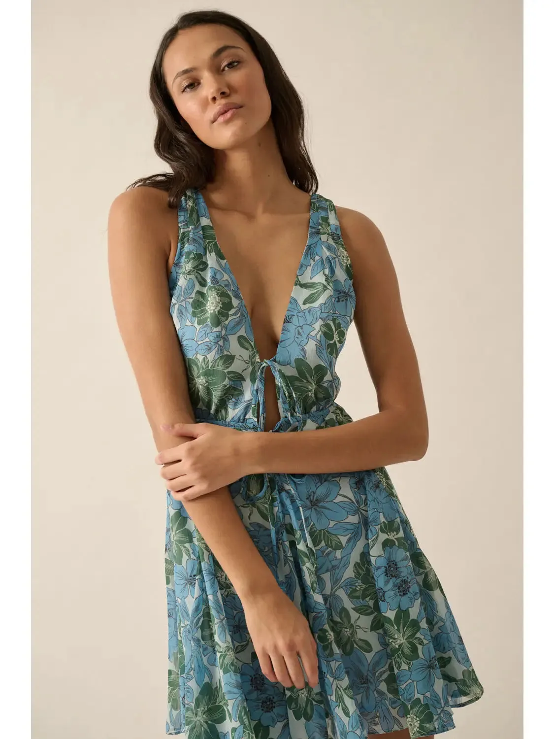 Garden Getaway V-Neck Mini Dress Blue Multi