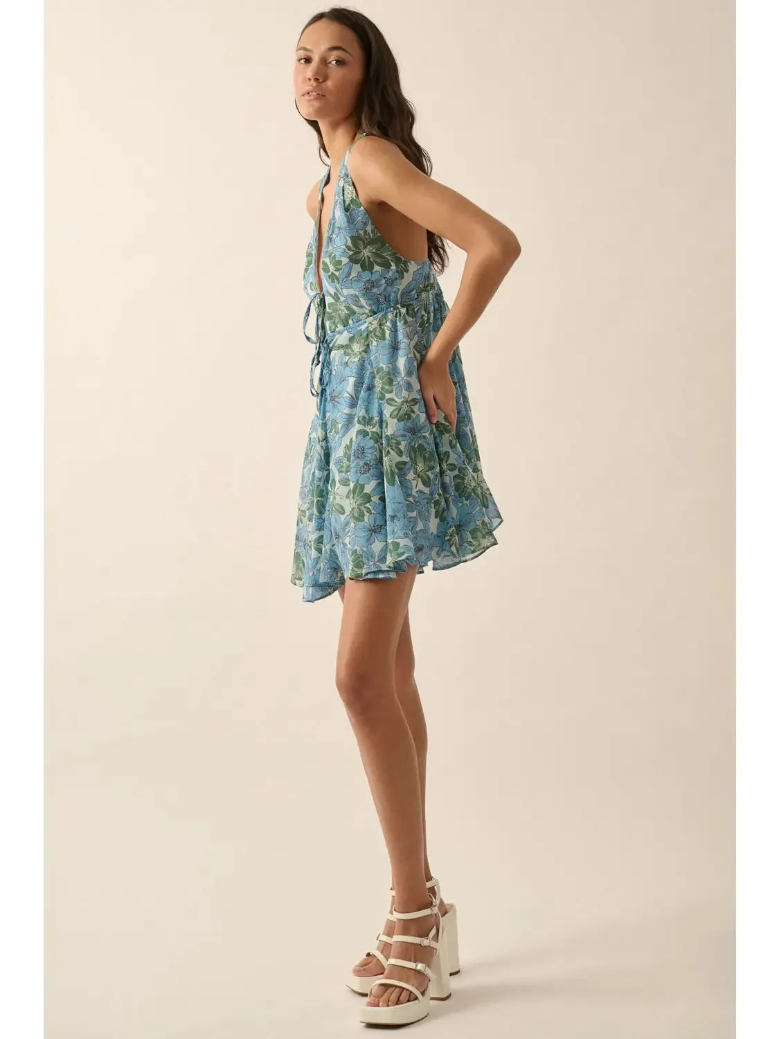 Garden Getaway V-Neck Mini Dress Blue Multi