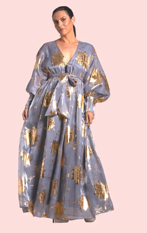 Gold Floral Organza Dress - Blue