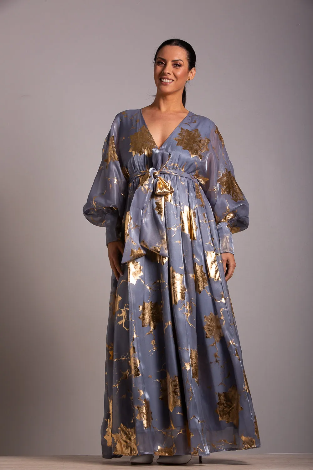 Gold Floral Organza Dress - Blue