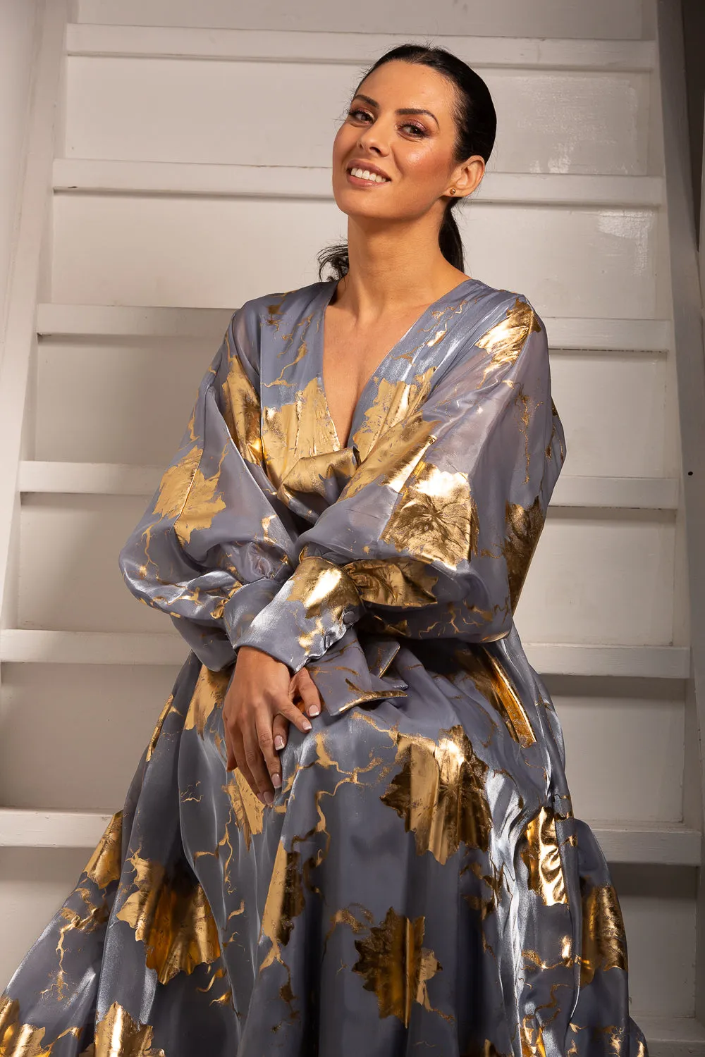 Gold Floral Organza Dress - Blue