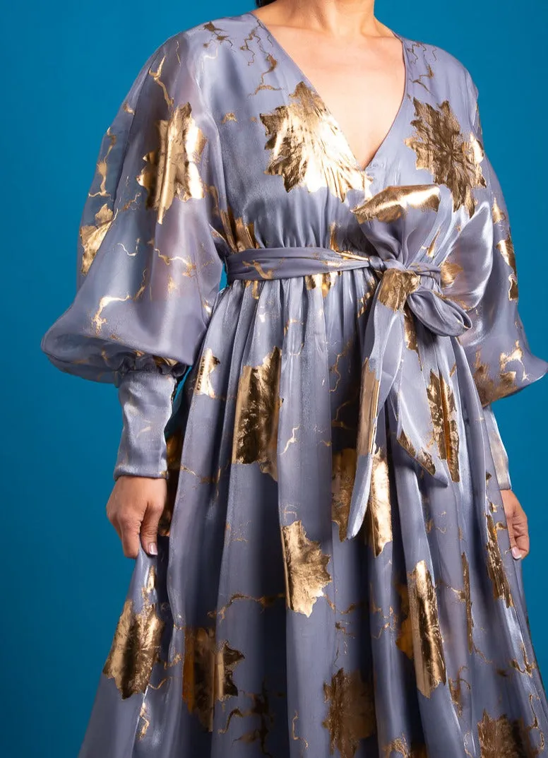 Gold Floral Organza Dress - Blue
