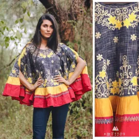 Indiva Cotton Khadi Blue & Red Poncho