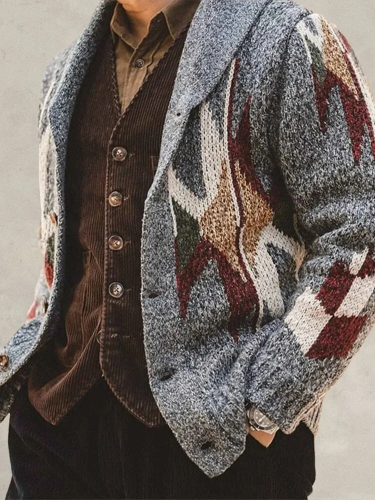 Jacquard Lapel Thickened Knitted Sweater Coat