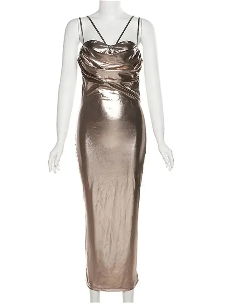Kontturi Fall Backless Long Dresses For Women Spaghetti Strap Sleeveless Evening Dress Gold Color Metallic Bodycon Maxi Dress