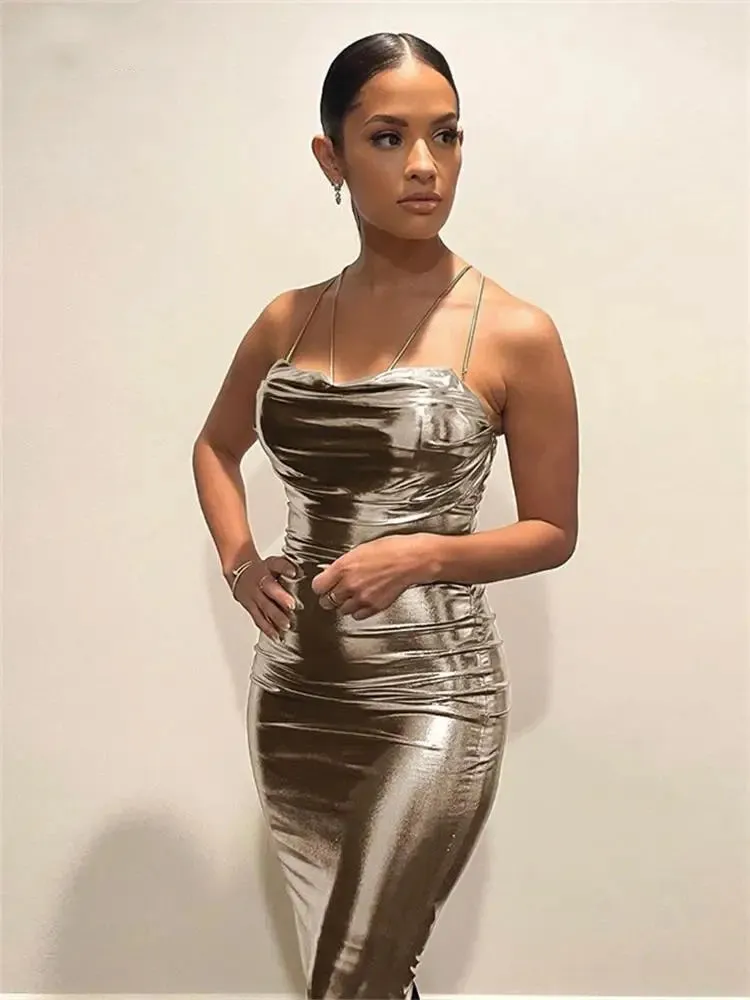 Kontturi Fall Backless Long Dresses For Women Spaghetti Strap Sleeveless Evening Dress Gold Color Metallic Bodycon Maxi Dress