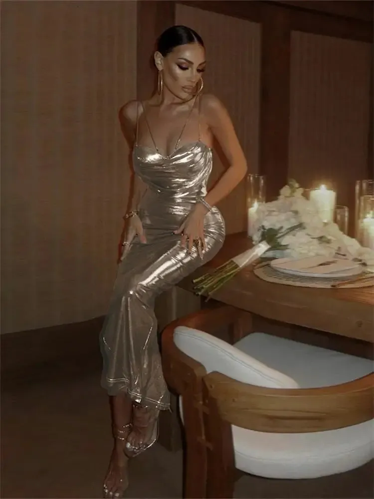 Kontturi Fall Backless Long Dresses For Women Spaghetti Strap Sleeveless Evening Dress Gold Color Metallic Bodycon Maxi Dress