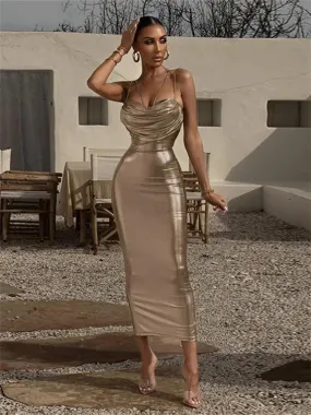 Kontturi Fall Backless Long Dresses For Women Spaghetti Strap Sleeveless Evening Dress Gold Color Metallic Bodycon Maxi Dress