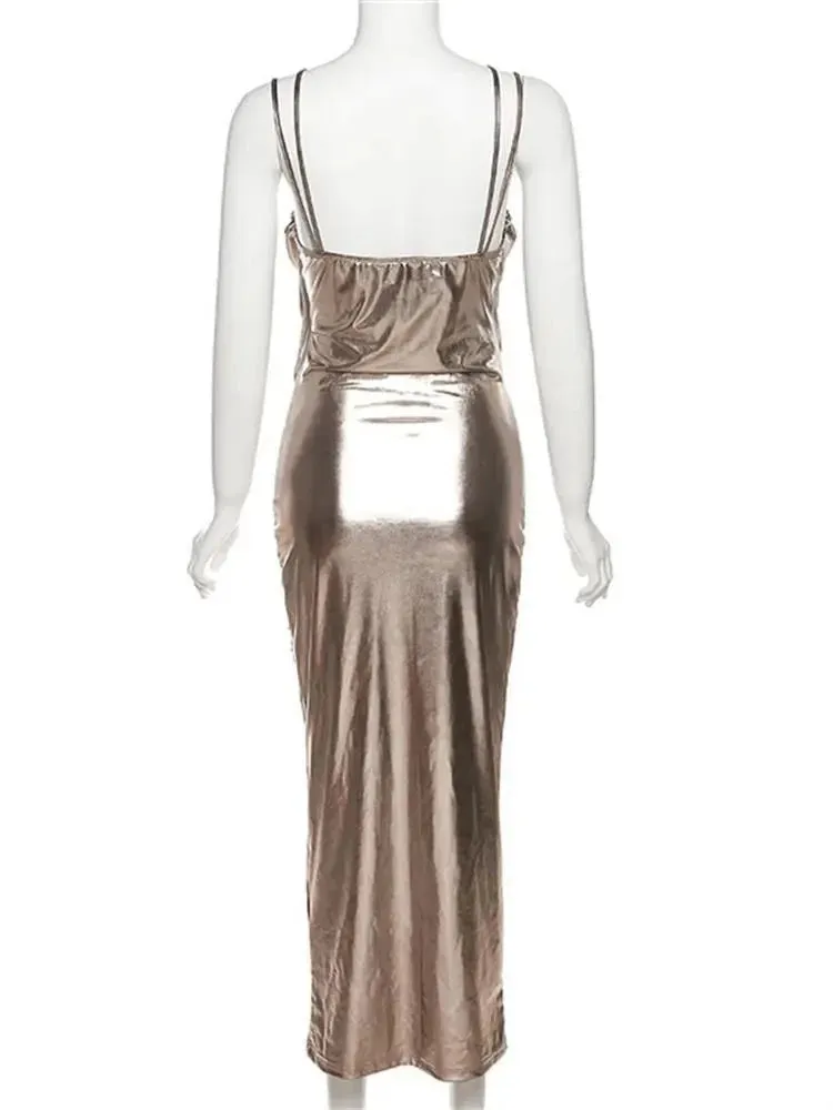 Kontturi Fall Backless Long Dresses For Women Spaghetti Strap Sleeveless Evening Dress Gold Color Metallic Bodycon Maxi Dress