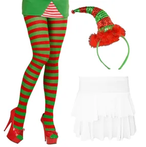 Ladies Christmas Elf Tights Sequin Headband White Rara Skirt Adults Xmas Outfit