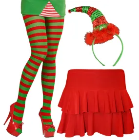 Ladies Christmas Santa Elf Red Green Tights Sequin Headband Rara Skirt Costume