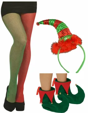 Ladies Sequin Elf Headband Fishnet Tights Shoes Christmas Xmas Fancy Dress