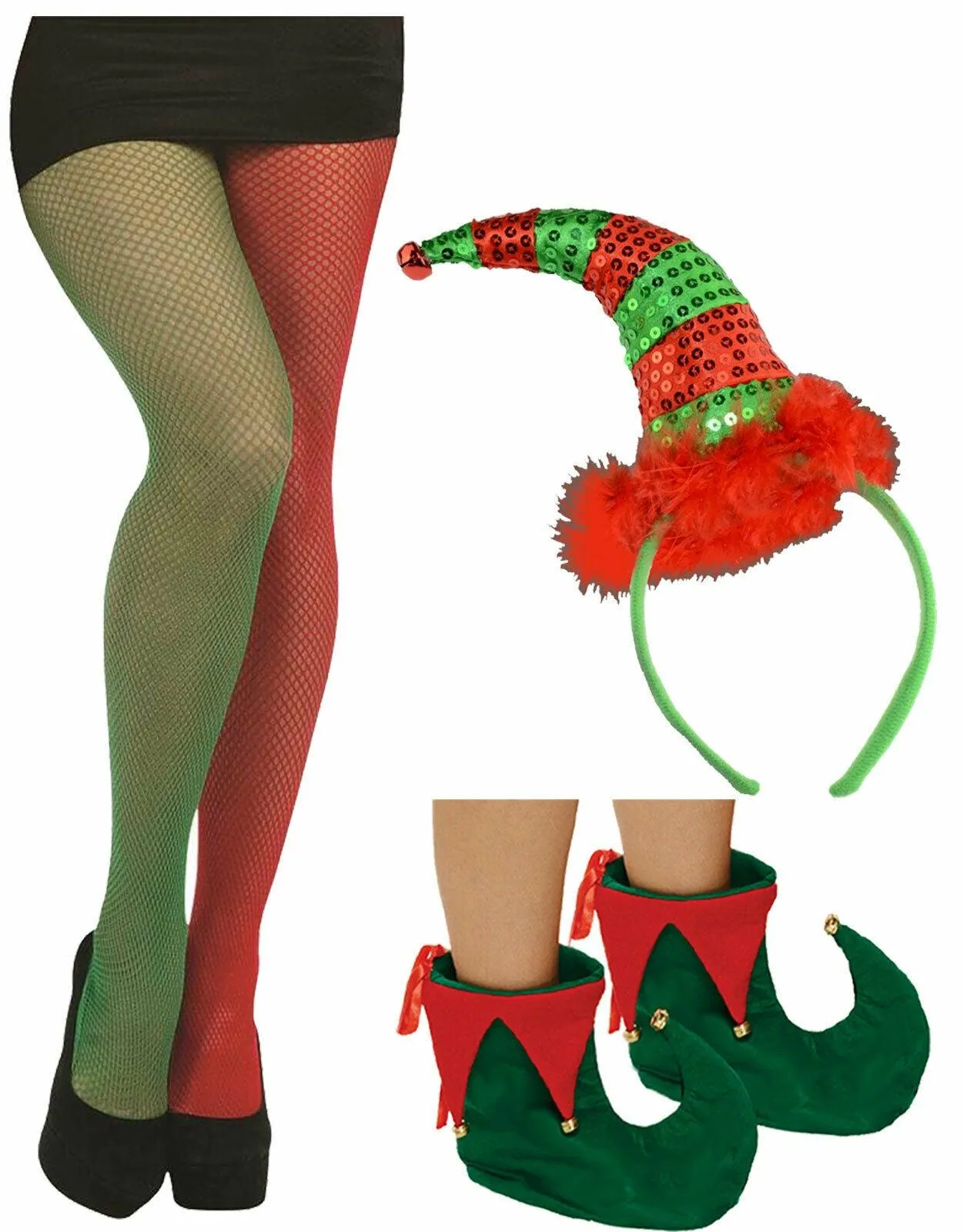 Ladies Sequin Elf Headband Fishnet Tights Shoes Christmas Xmas Fancy Dress