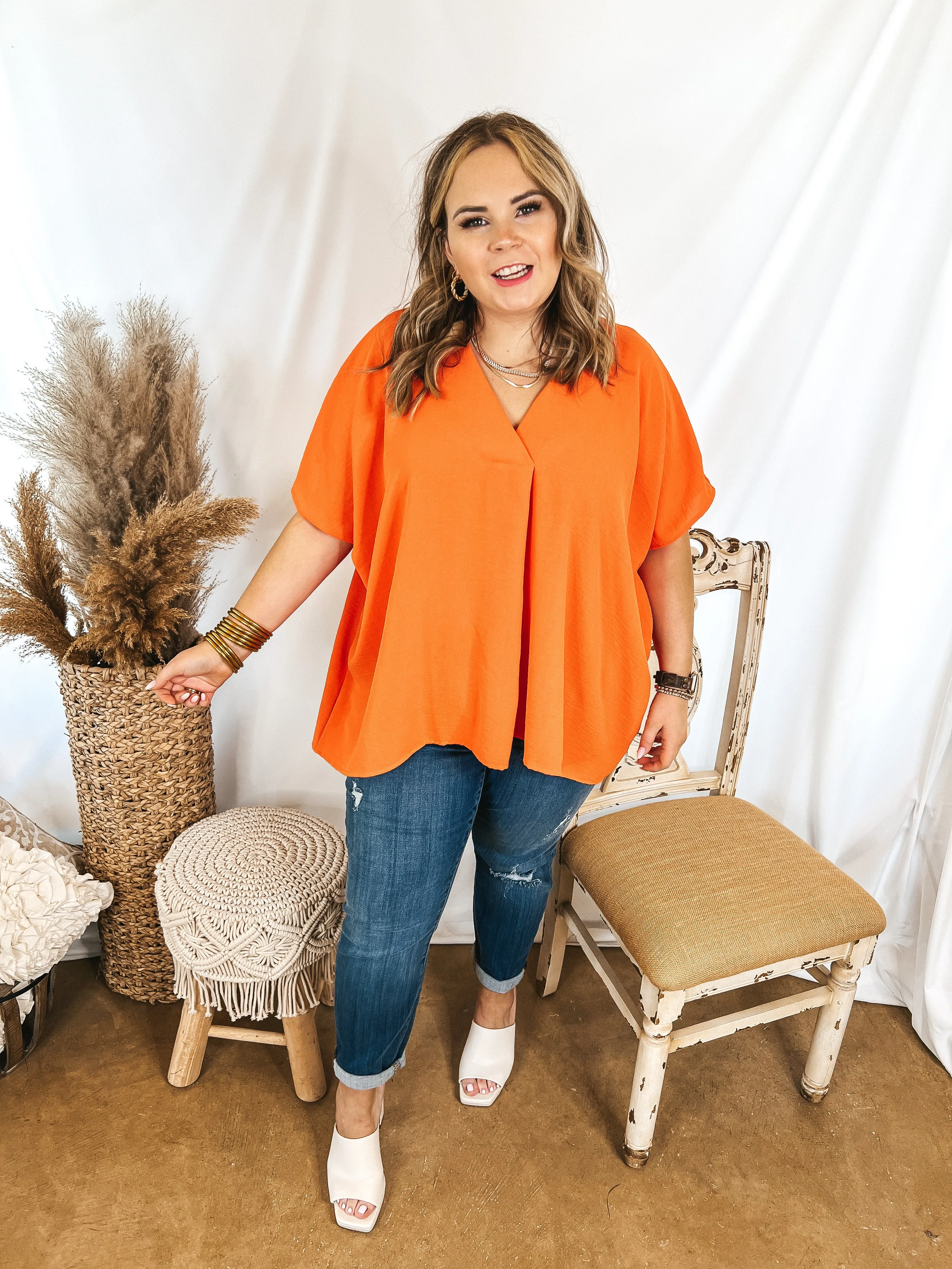 Last Chance Size XL & 1XL | Weekend Out V Neck Placket Short Sleeve Top in Orange