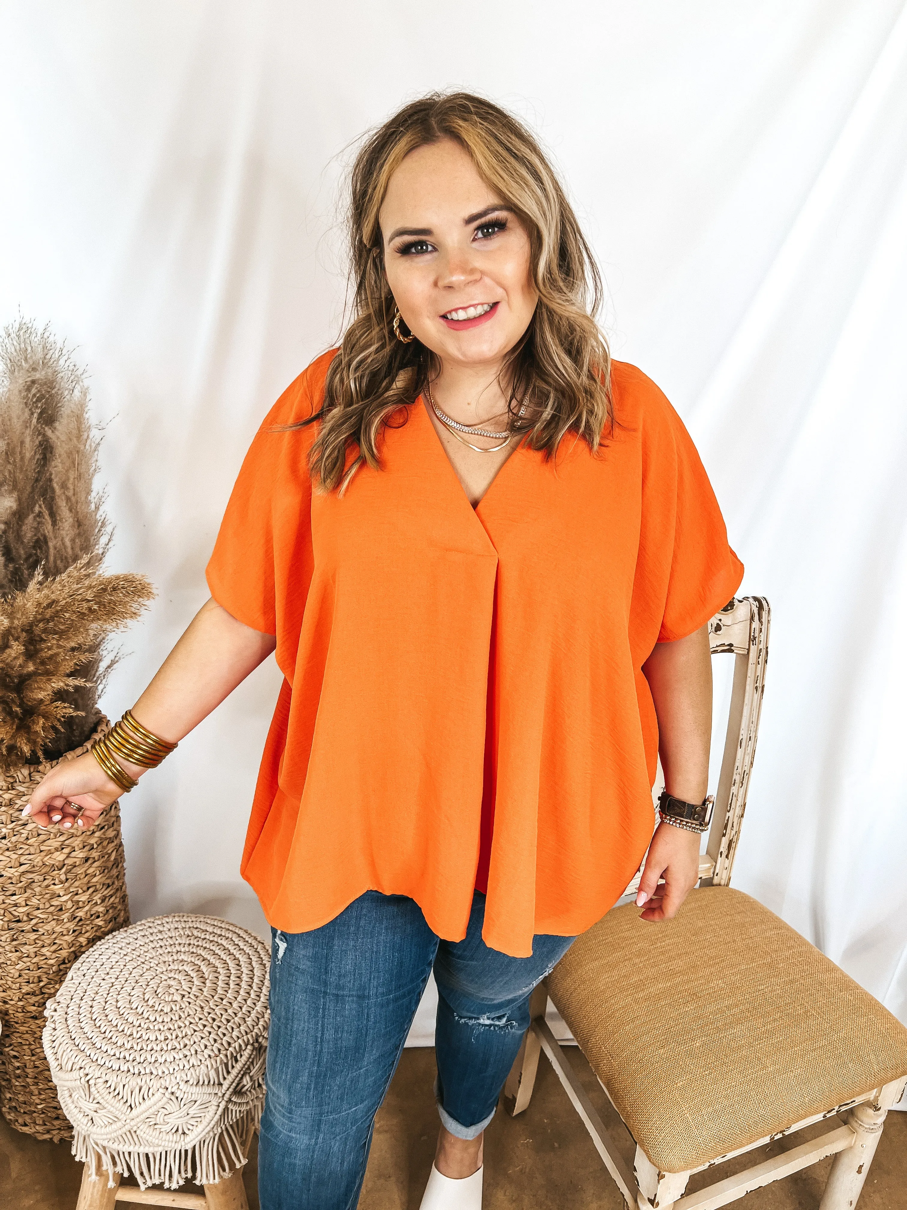 Last Chance Size XL & 1XL | Weekend Out V Neck Placket Short Sleeve Top in Orange
