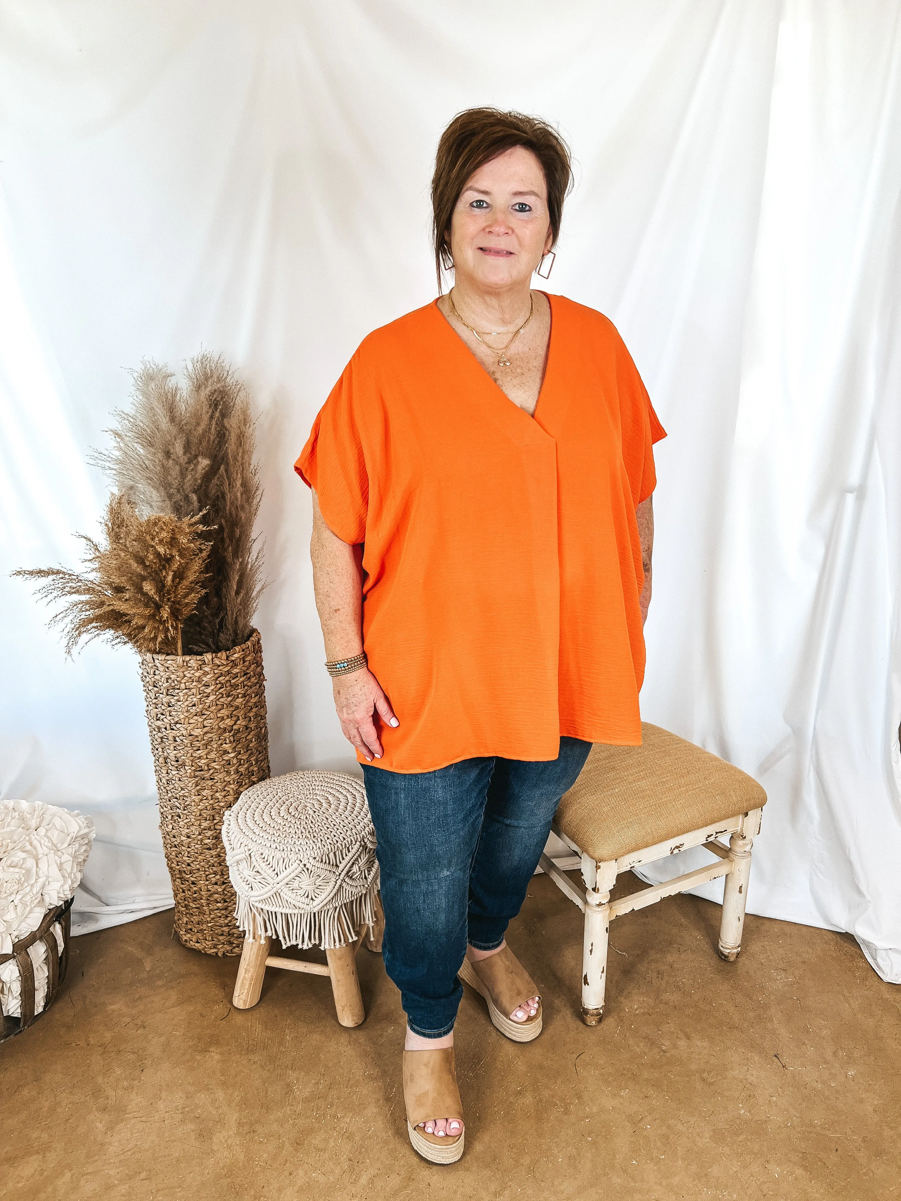 Last Chance Size XL & 1XL | Weekend Out V Neck Placket Short Sleeve Top in Orange