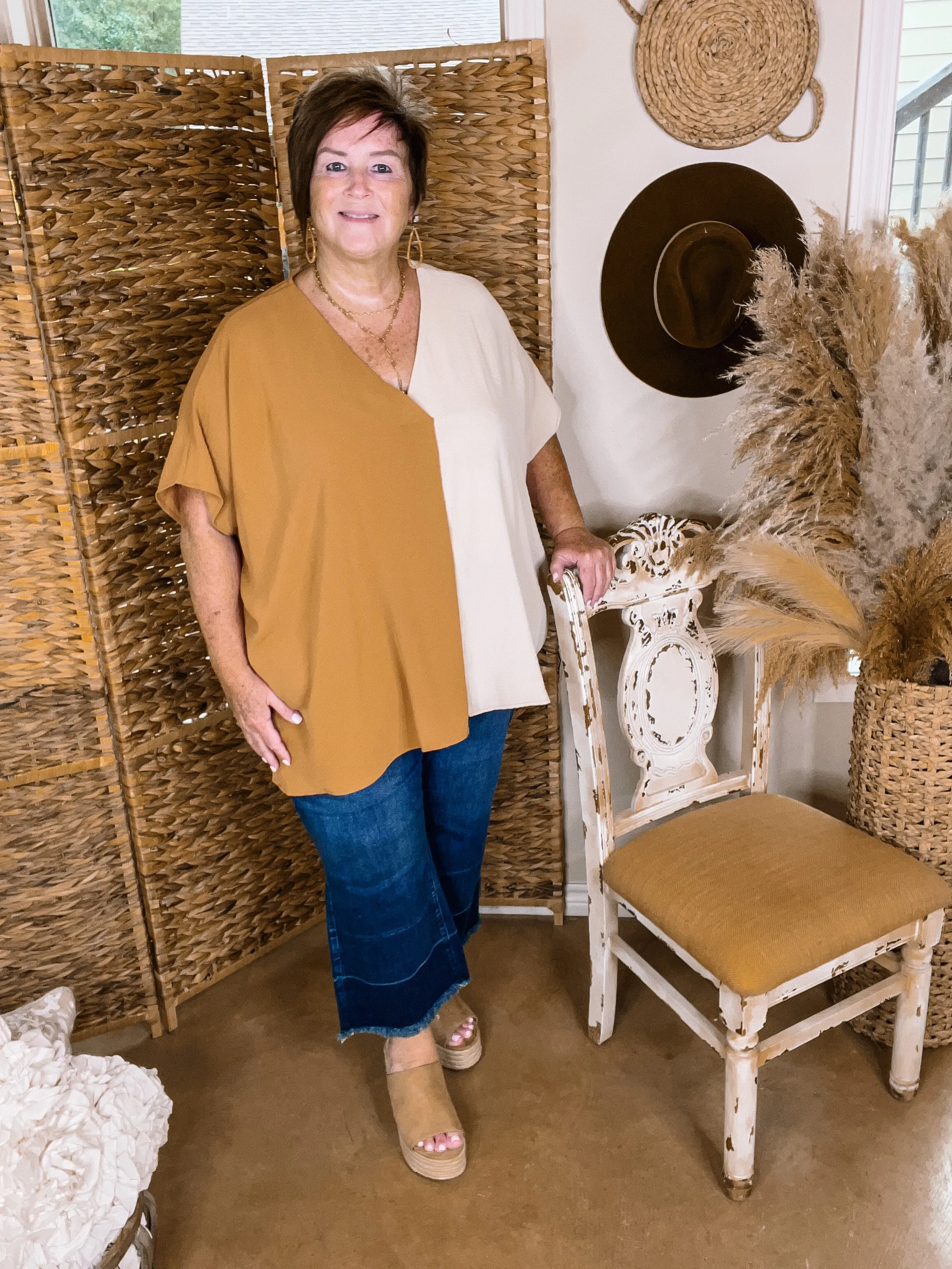 Last Chance Size XL | Weekend Out V Neck Placket Color Block Short Sleeve Top in Beige and Clay Brown