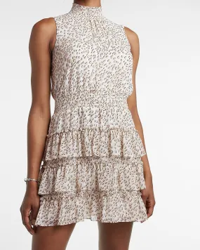 Leopard Tiered Sleeveless Smocked Mock Neck Dress in Neutral Print