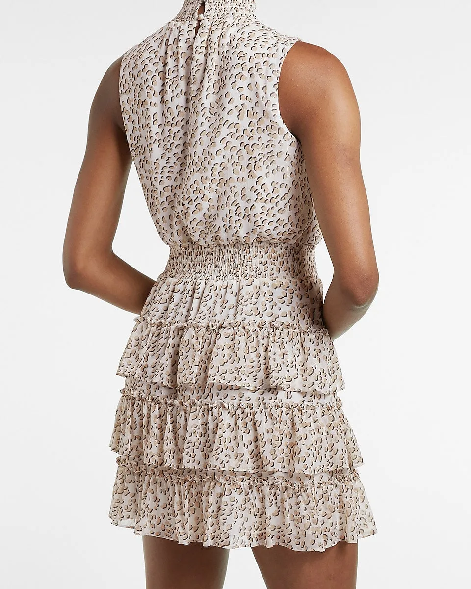 Leopard Tiered Sleeveless Smocked Mock Neck Dress in Neutral Print