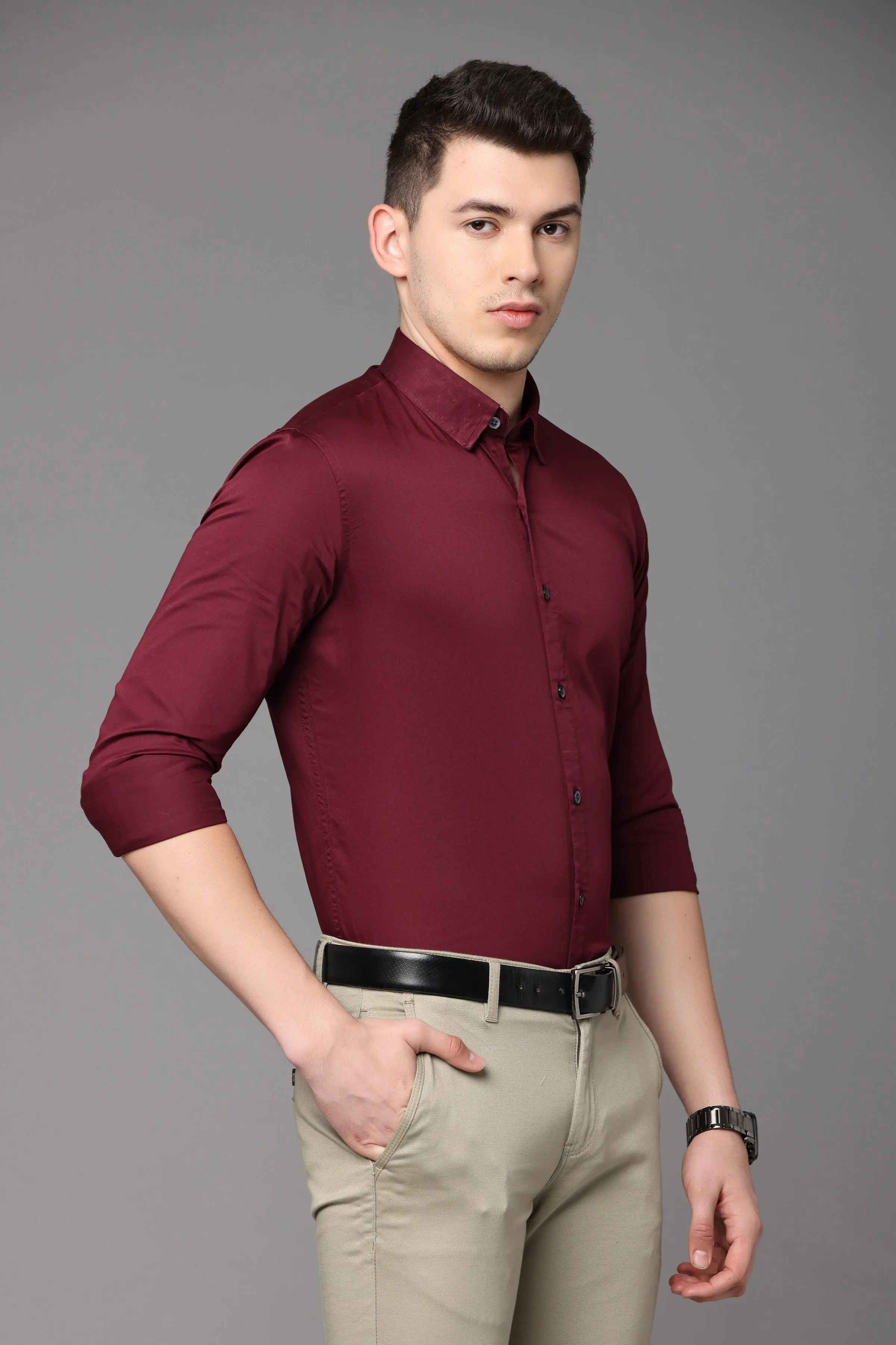 Maroon Plain Slim Fit Shirt