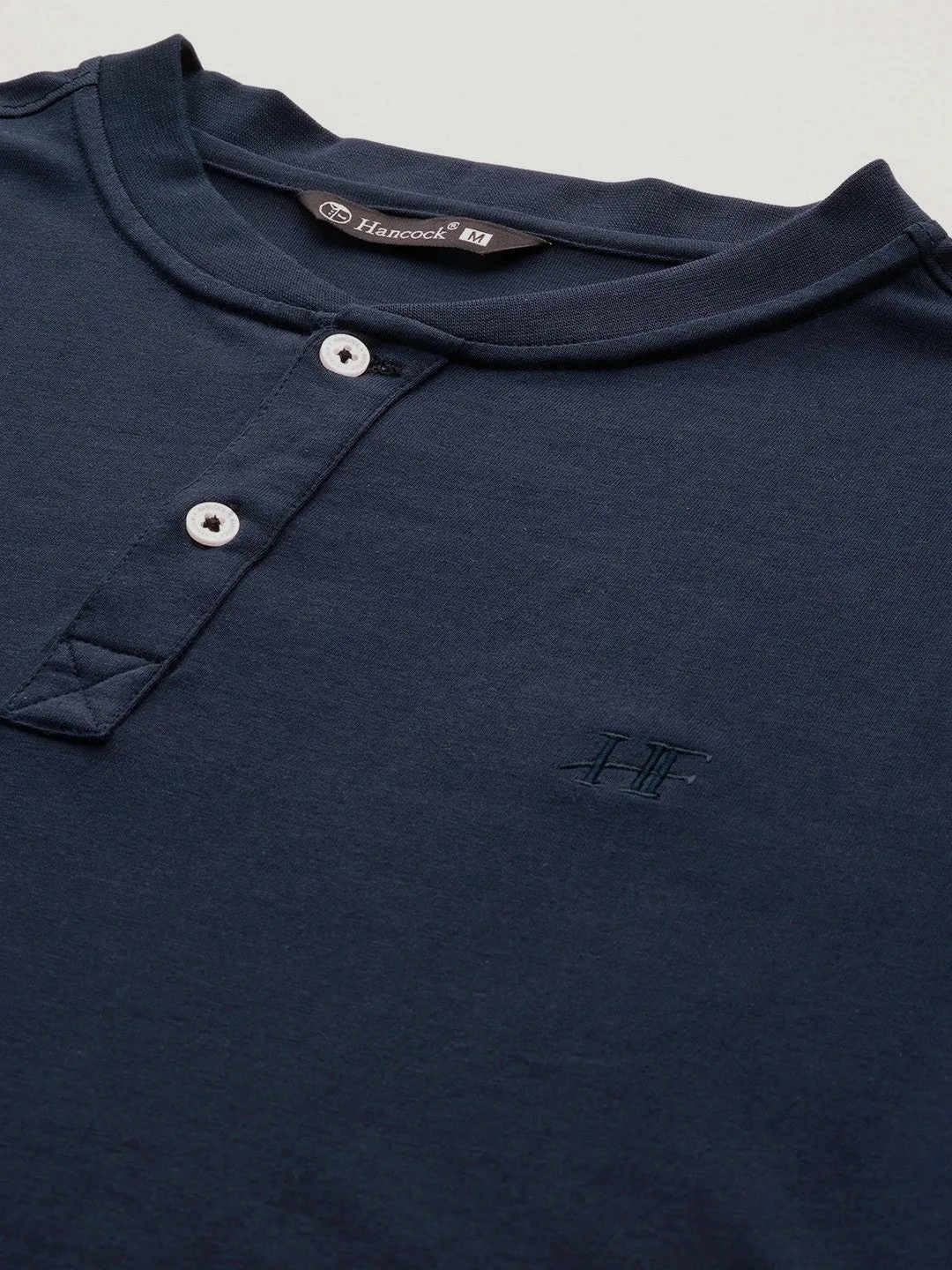 Men Navy Solid Pure Cotton Relaxed Fit Henley T-Shirt