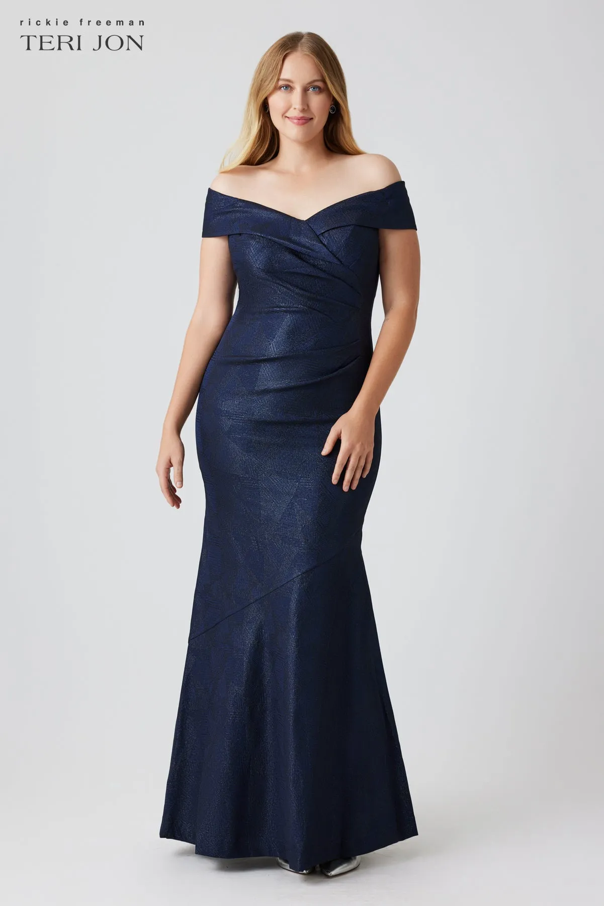 Metallic Jacquard Portrait Off Shoulder Gown
