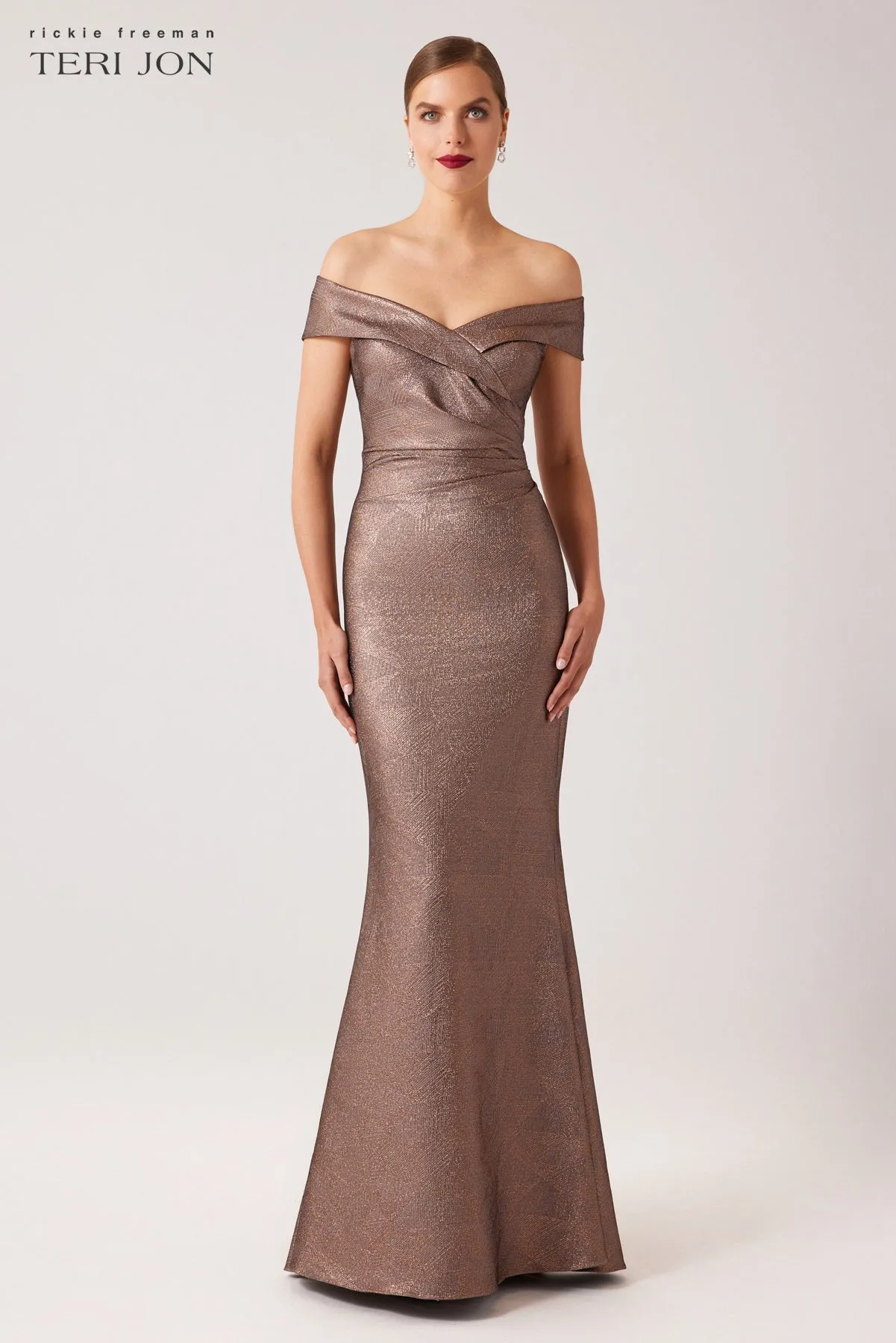 Metallic Jacquard Portrait Off Shoulder Gown