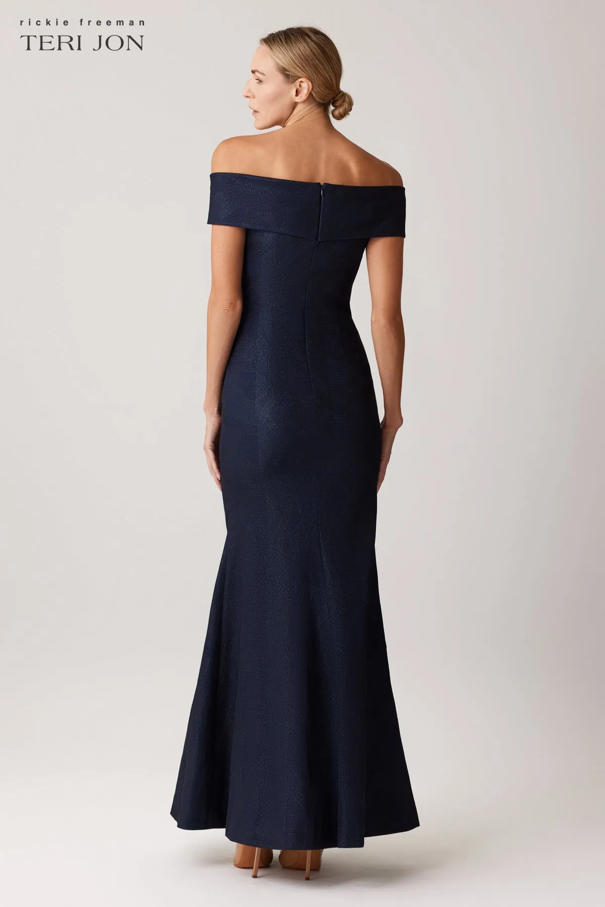 Metallic Jacquard Portrait Off Shoulder Gown