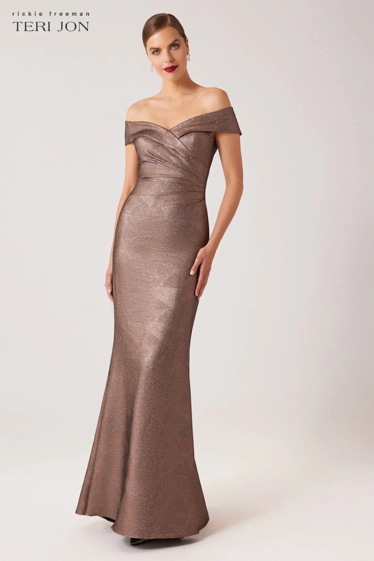 Metallic Jacquard Portrait Off Shoulder Gown