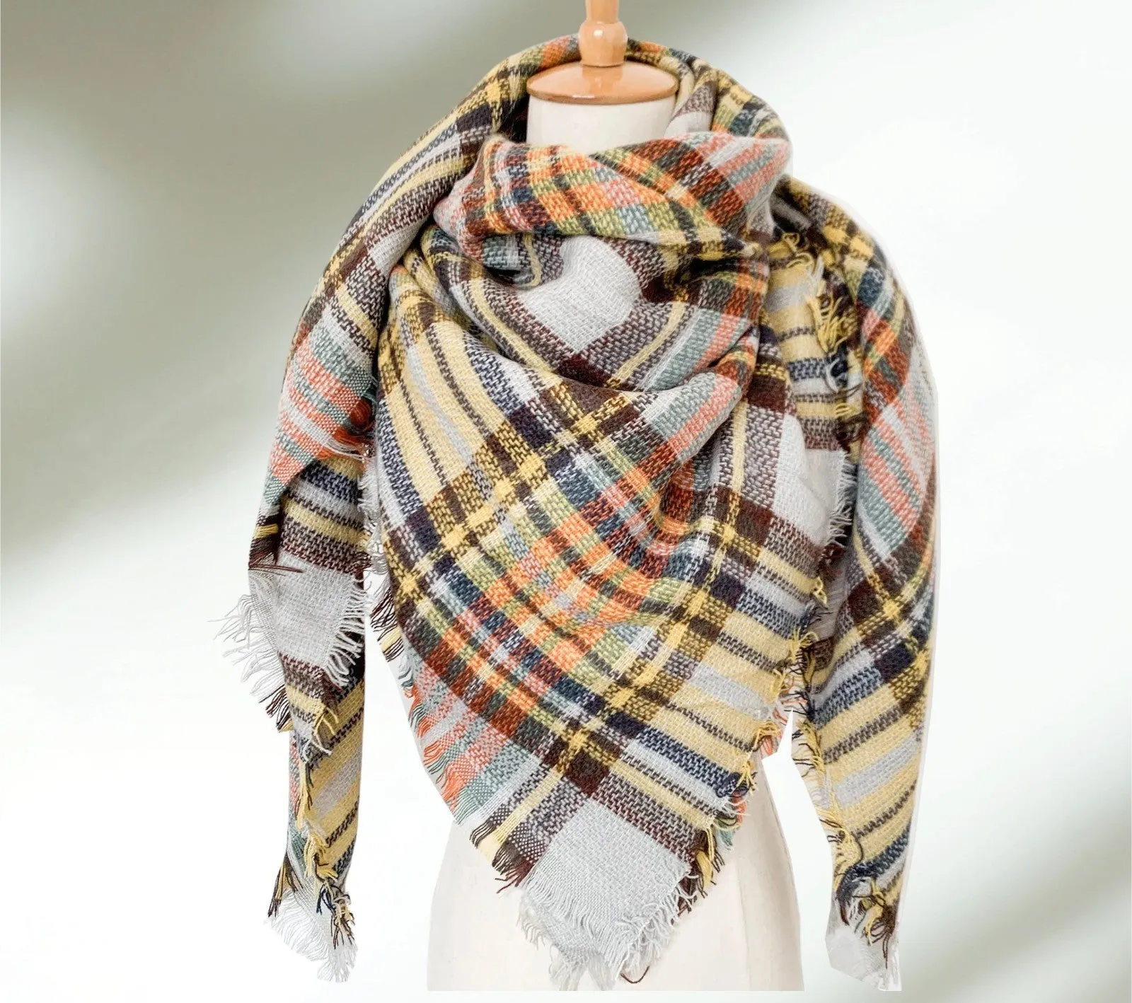 Mustard & Gray Plaid Blanket Scarf/ Bridesmaid Shawl/ Tartan Plaid Scarf/ Oversized Scarf/ Plaid Women's Blanket Scarf/ Women Scarf/ Gifts for Her/ Women Shawl/ Bridesmaid Scarf/ Fall ScarfPlaid Shawl Wrap/ Wedding Shawl/