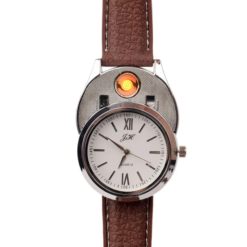 New Windproof Flameless USB Lighter Watch Electric Quartz Watches Men Women Luxury Wristwatches   Rechargeable Cigarette Lighter