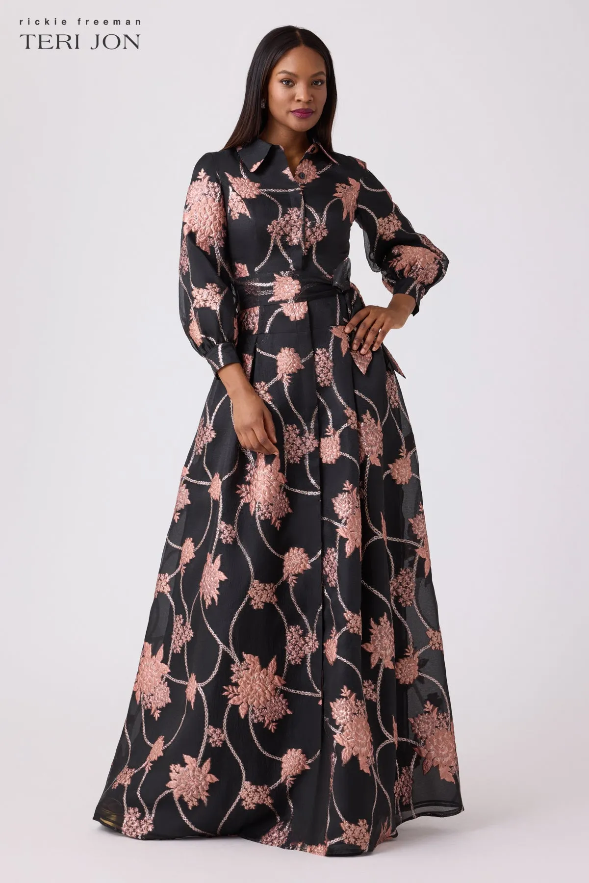 Organza And Jacquard Floral Print Shirt Gown