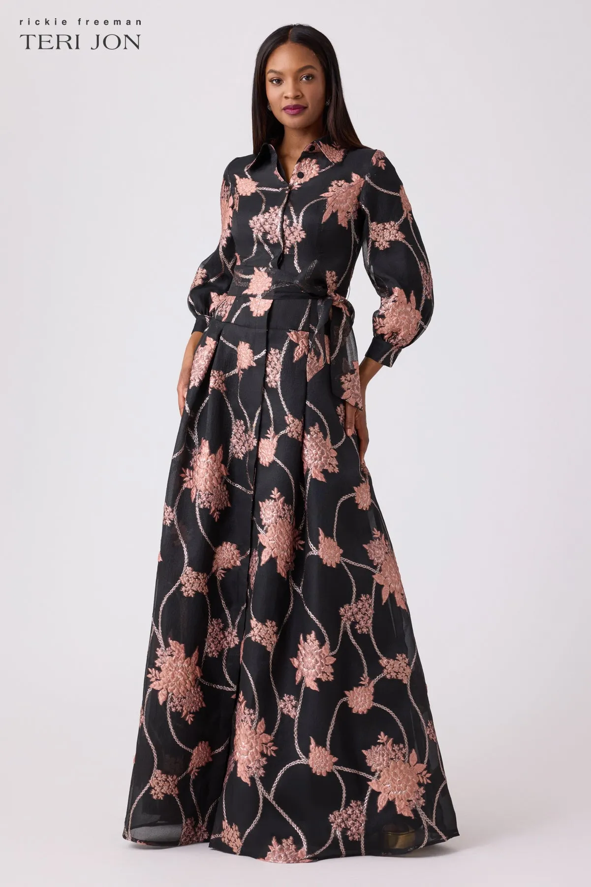 Organza And Jacquard Floral Print Shirt Gown
