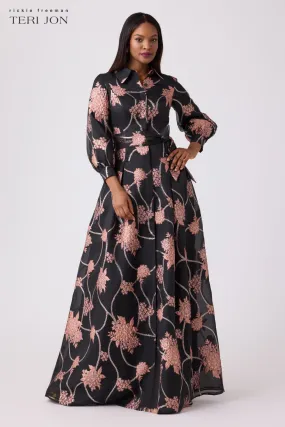 Organza And Jacquard Floral Print Shirt Gown
