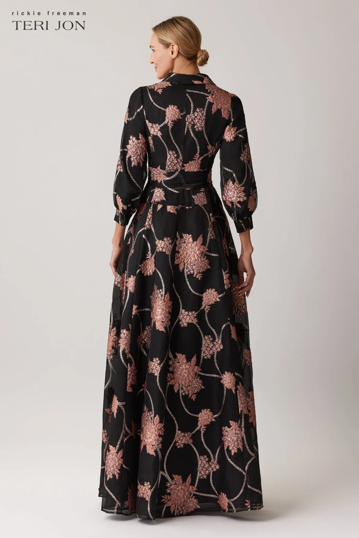 Organza And Jacquard Floral Print Shirt Gown