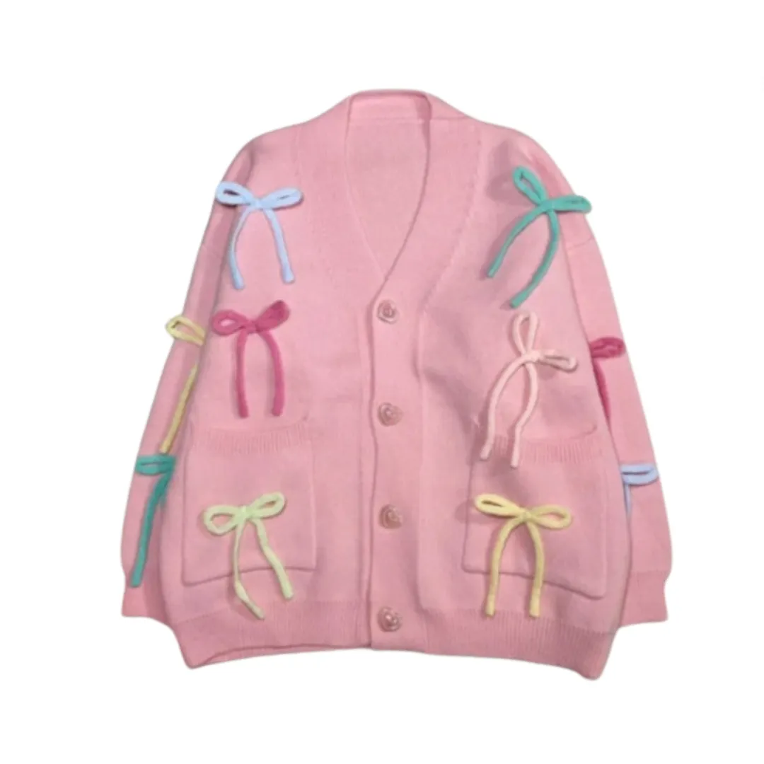 Pre Order:  Colorful 3D Bow Loose V-Neck Cardigan