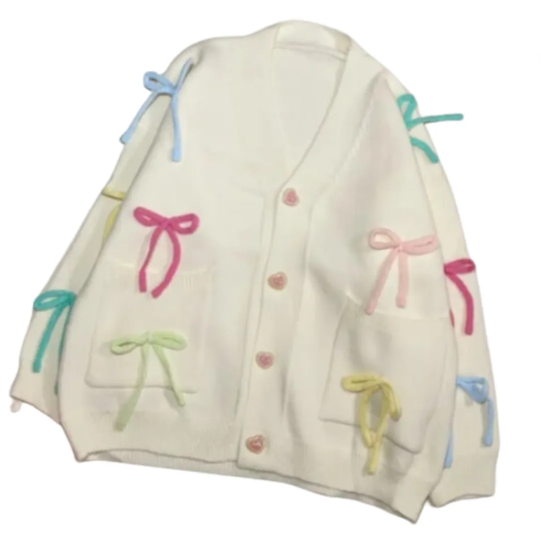 Pre Order:  Colorful 3D Bow Loose V-Neck Cardigan