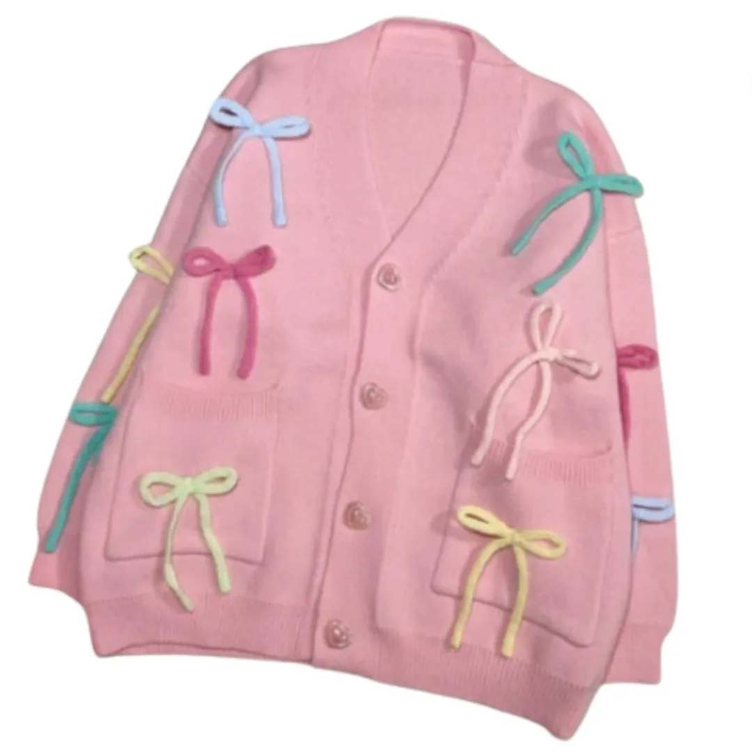 Pre Order:  Colorful 3D Bow Loose V-Neck Cardigan