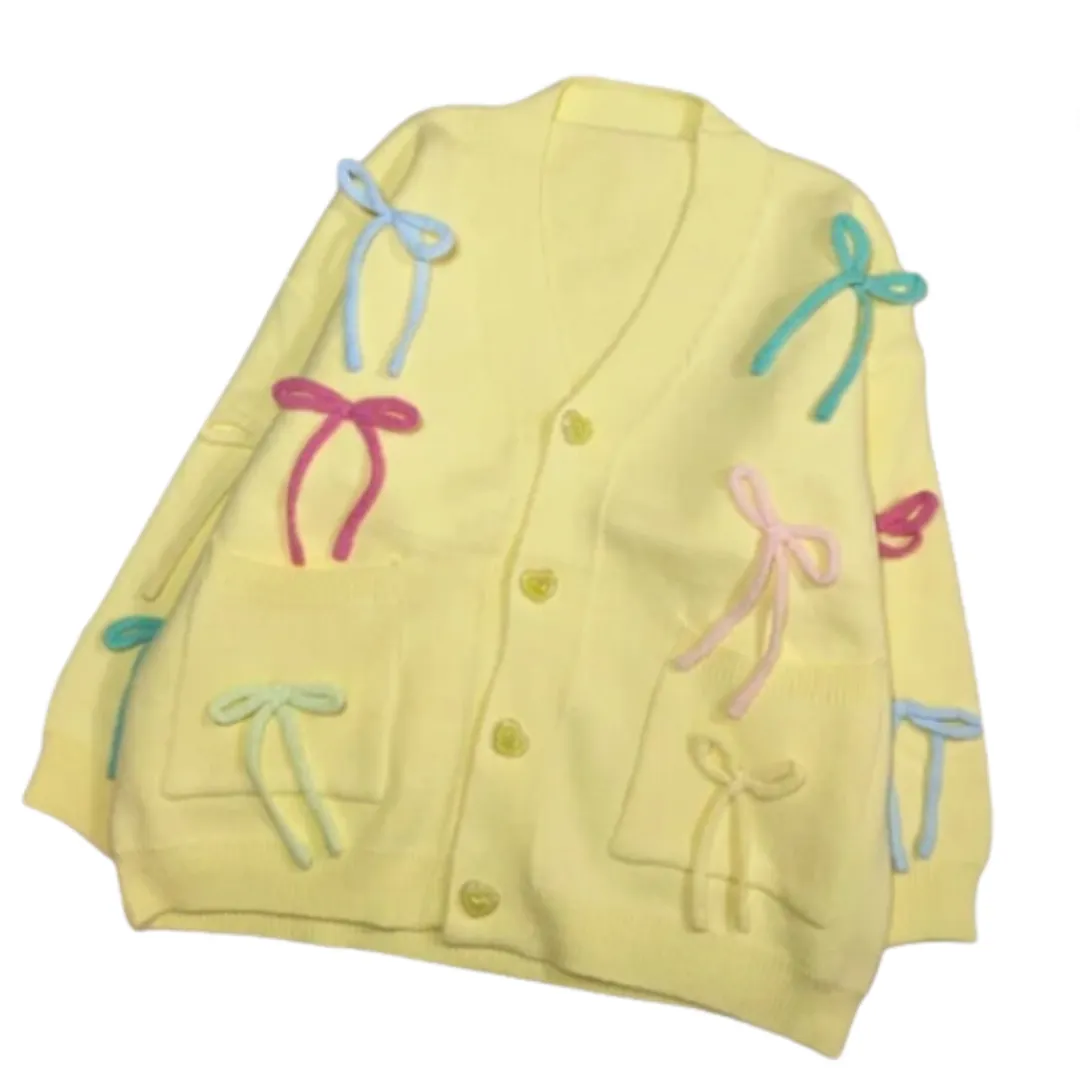 Pre Order:  Colorful 3D Bow Loose V-Neck Cardigan