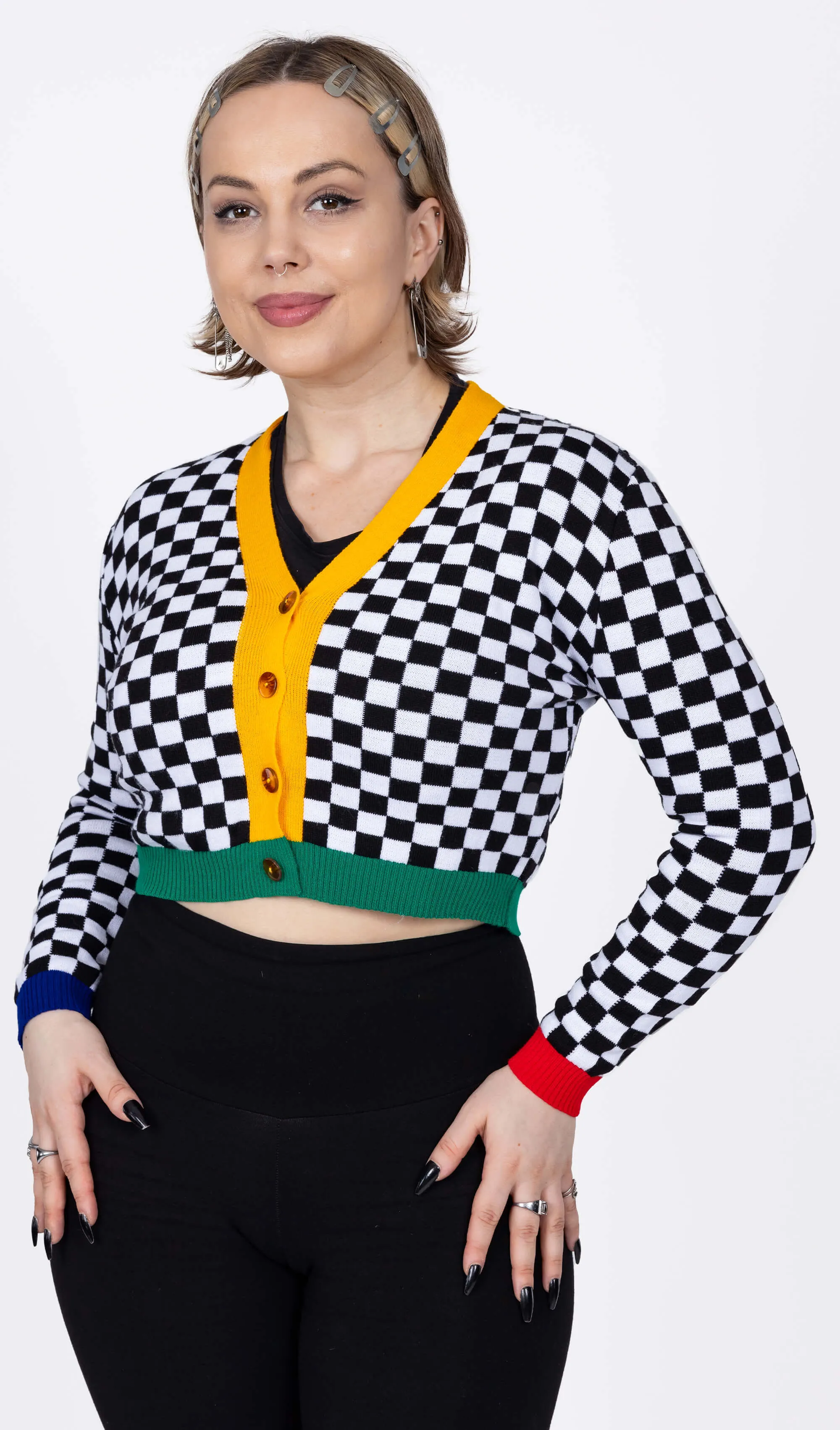 Run & Fly - Colour Block Checkerboard Cropped Cardigan