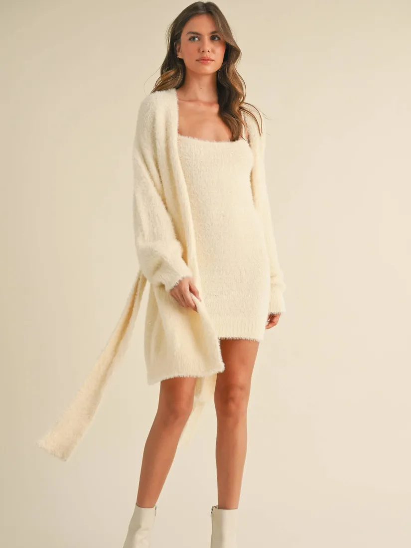 Soft Sleevess Tube Mini Dress and Cardigan Set Cream
