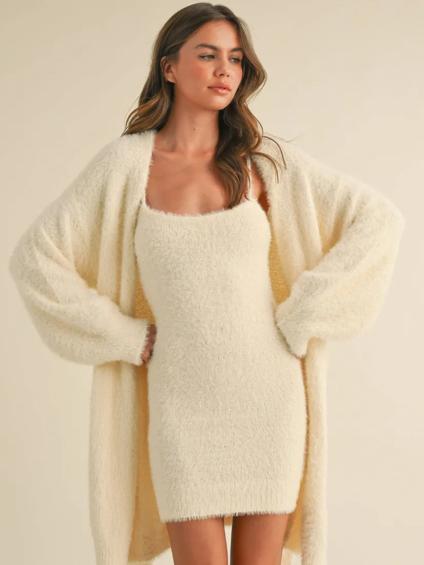 Soft Sleevess Tube Mini Dress and Cardigan Set Cream