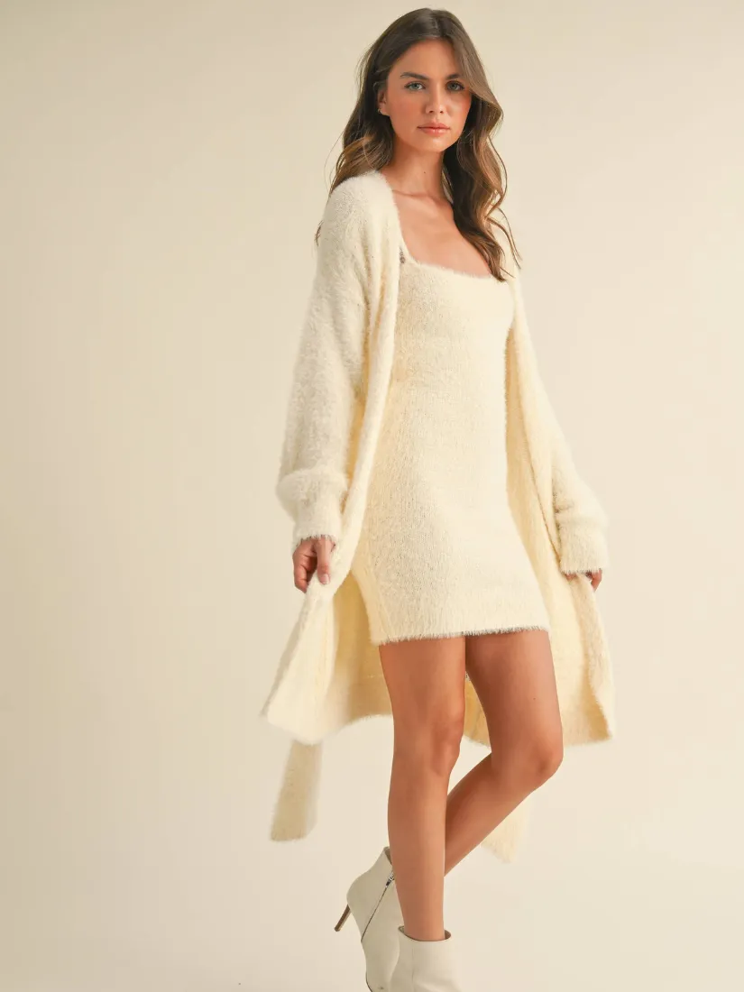 Soft Sleevess Tube Mini Dress and Cardigan Set Cream