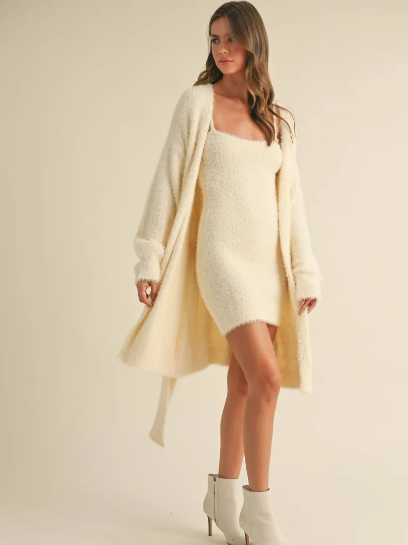 Soft Sleevess Tube Mini Dress and Cardigan Set Cream