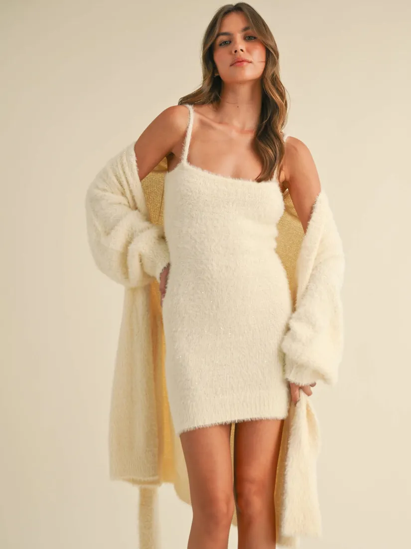 Soft Sleevess Tube Mini Dress and Cardigan Set Cream