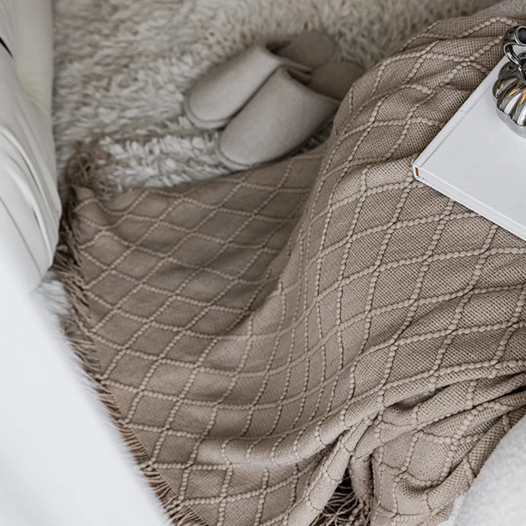 SOGA 2X Coffee Diamond Pattern Knitted Throw Blanket Warm Cozy Woven Cover Couch Bed Sofa Home Decor with Tassels