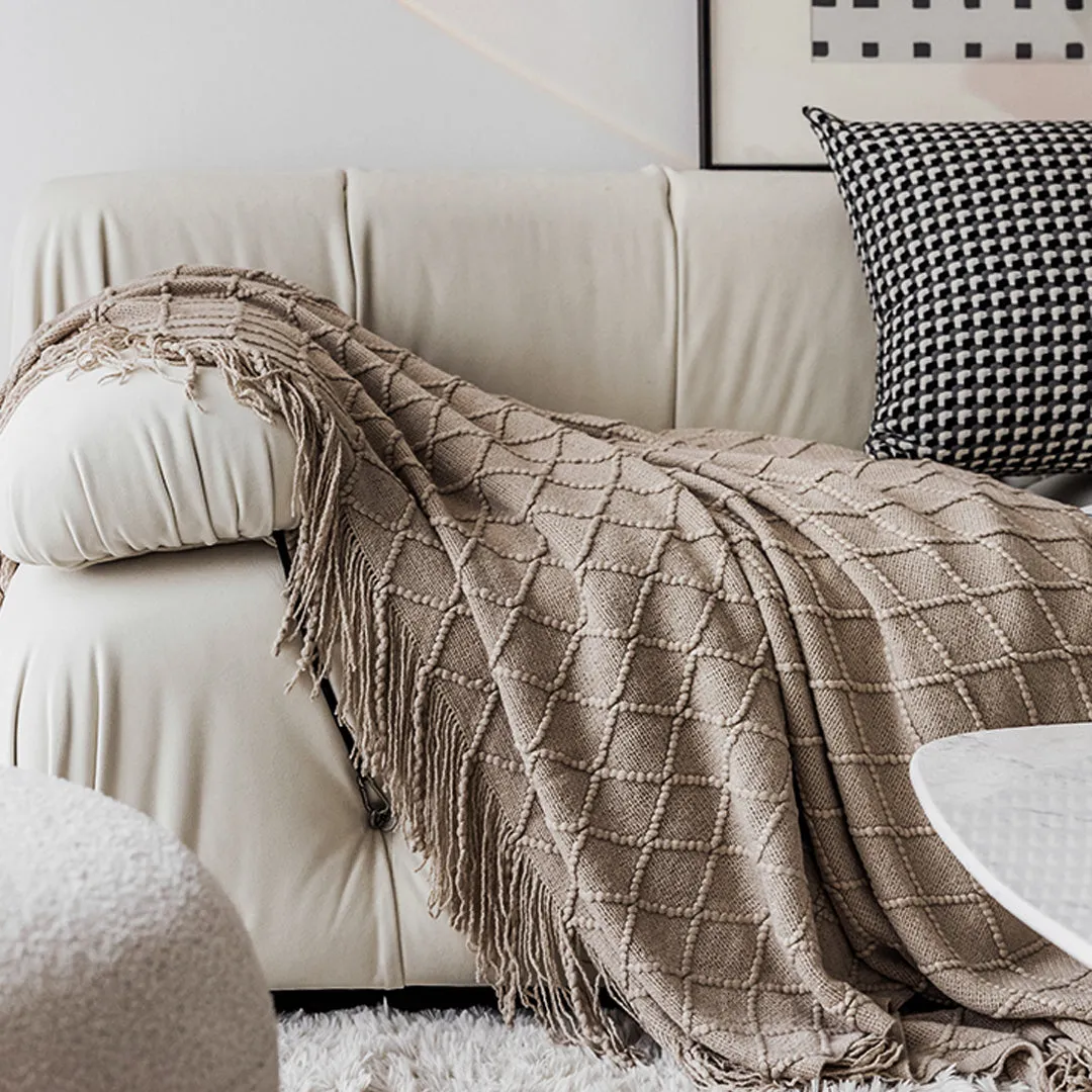 SOGA 2X Coffee Diamond Pattern Knitted Throw Blanket Warm Cozy Woven Cover Couch Bed Sofa Home Decor with Tassels